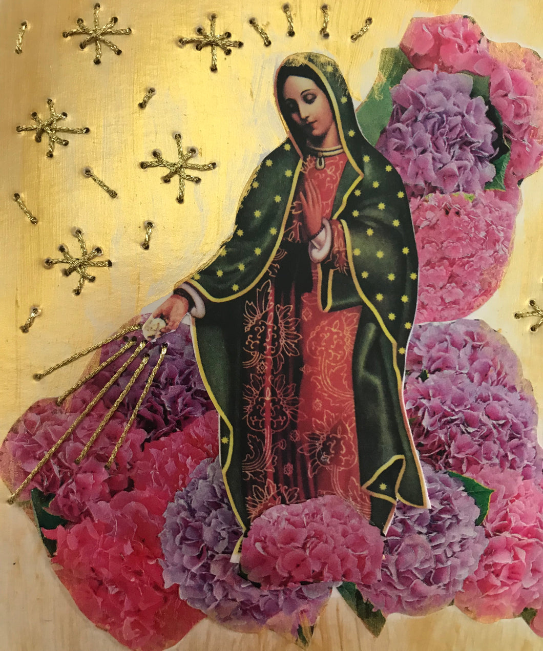 Virgencita Bordada Flores Collage Hortensia